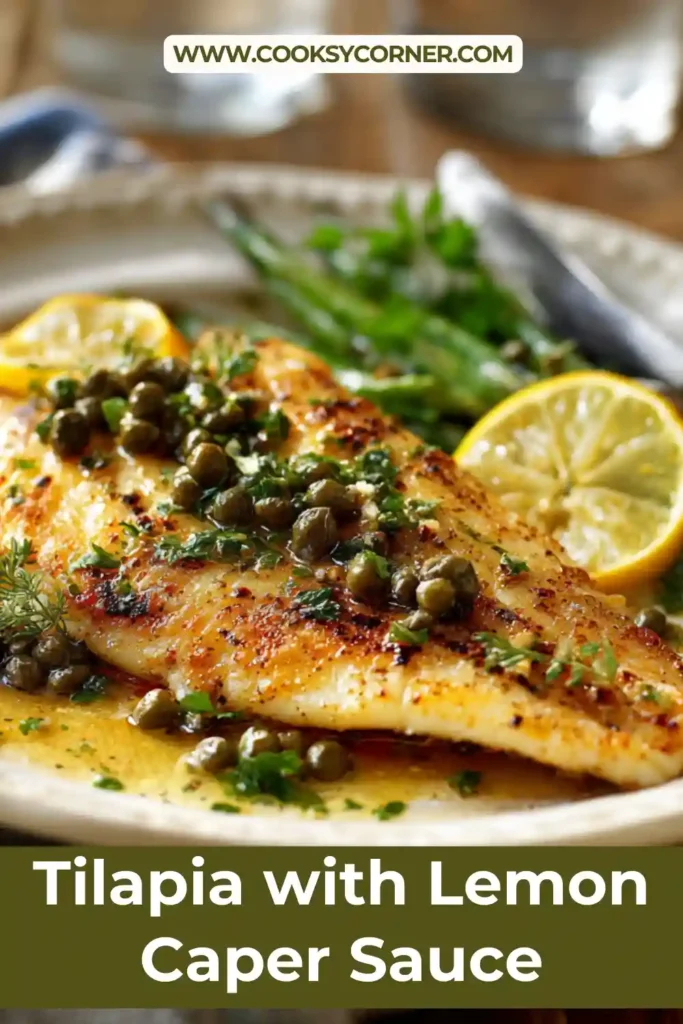 Close-up of tilapia fillet topped with buttery lemon caper sauce and fresh herbs.