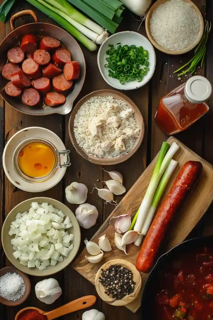 One-pot Cajun jambalaya rice dish served with hot sauce.
