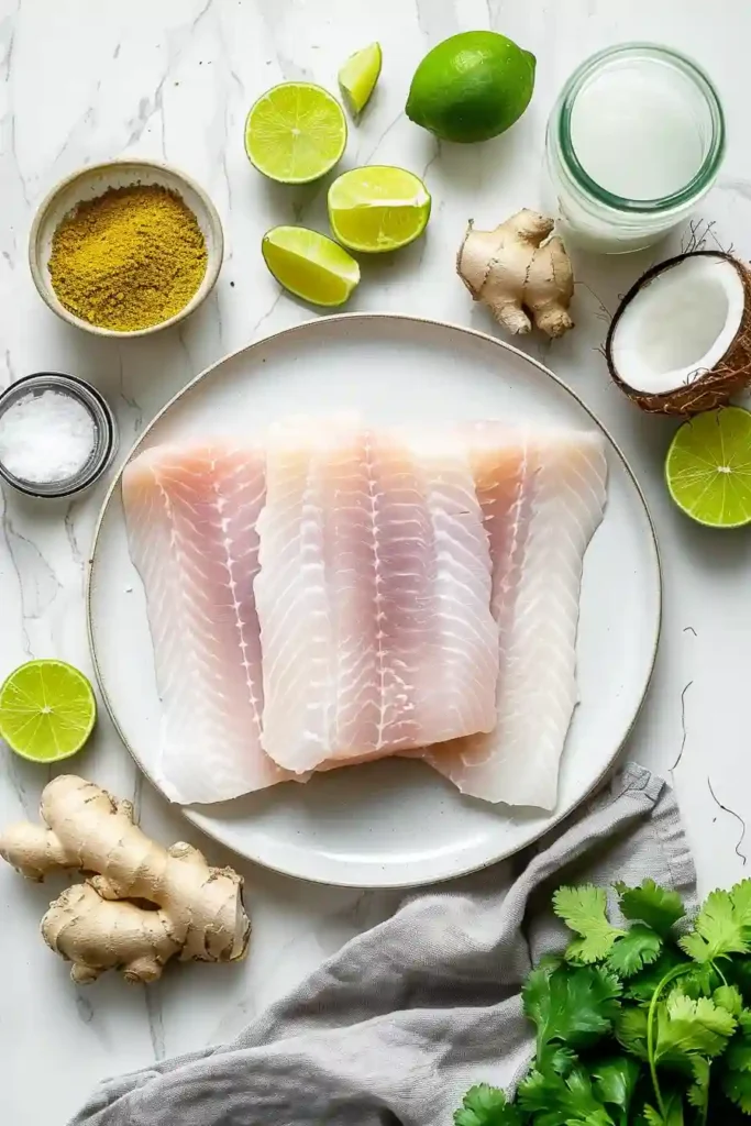 Grouper fillets in spicy coconut ginger sauce served in a skillet with tropical flavors.