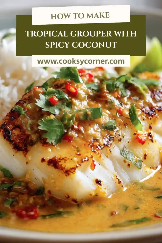 Pan-seared grouper fillets served in creamy coconut ginger sauce with fresh coriander garnish.