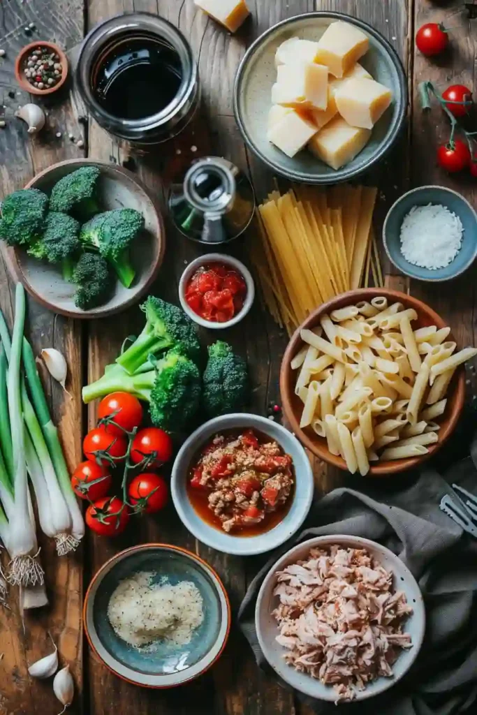 Oven-baked tuna pasta casserole with rich tomato sauce and melted cheese topping.