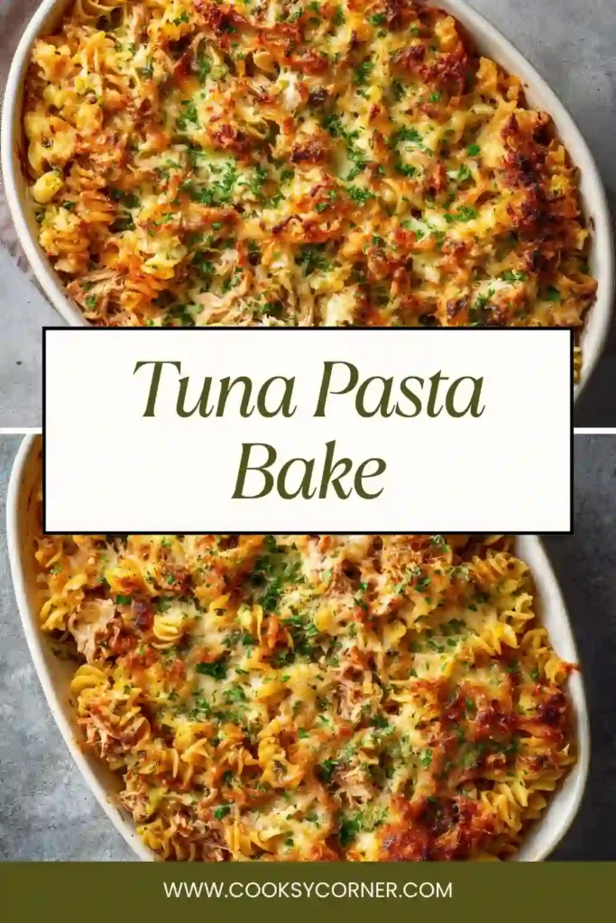 Tuna Pasta Bake with melted cheddar cheese, broccoli, and cherry tomatoes in a baking dish.