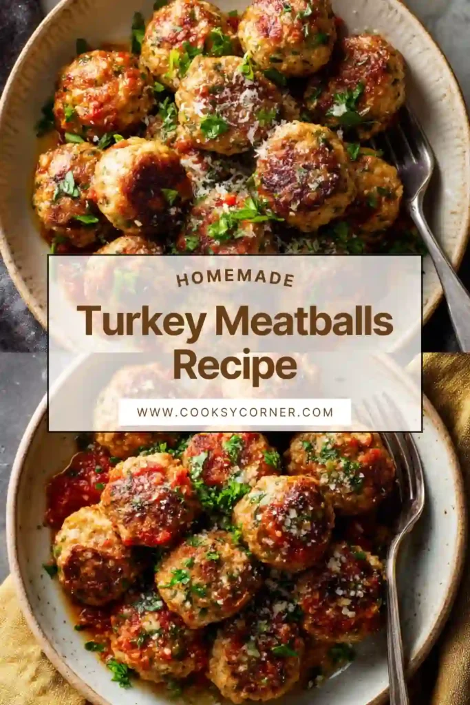 A bowl of baked turkey meatballs topped with marinara sauce and Parmesan cheese served over pasta. The meatballs are golden brown and garnished with fresh herbs.