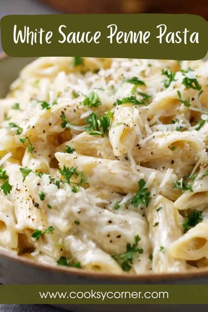 Homemade White Sauce Penne Pasta in a serving dish with creamy texture and golden melted cheese.
