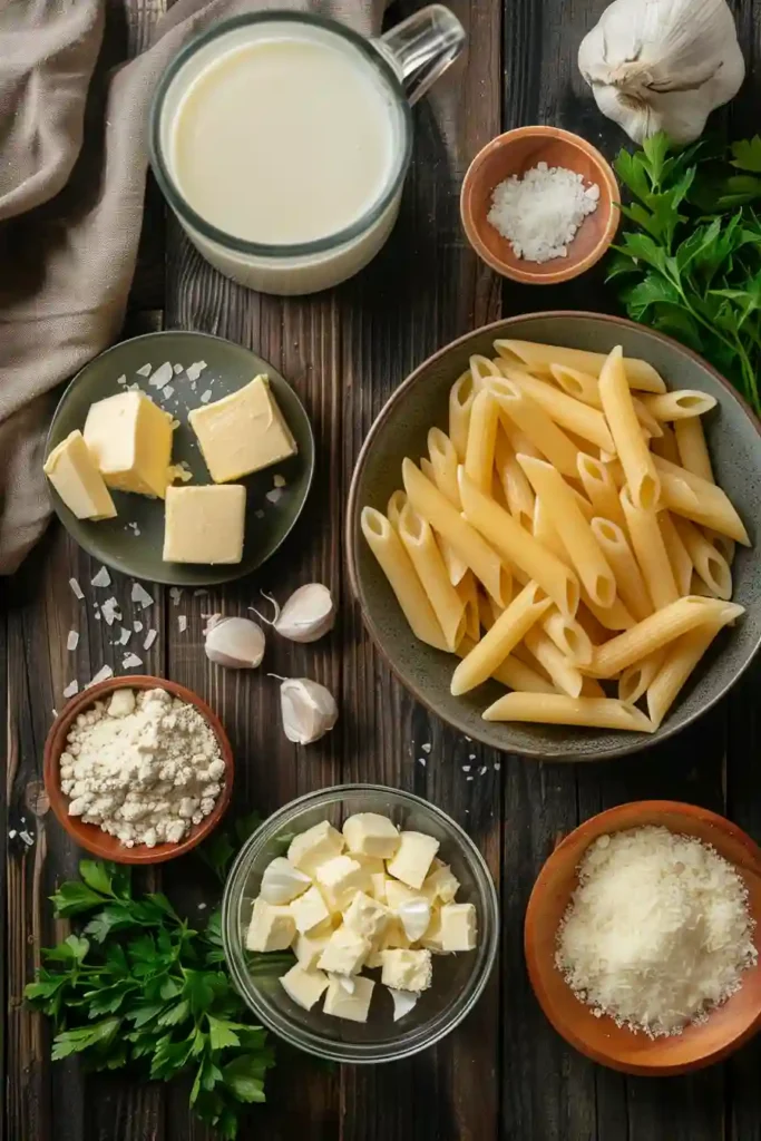 Freshly cooked penne pasta in white sauce garnished with parsley and Parmesan cheese.