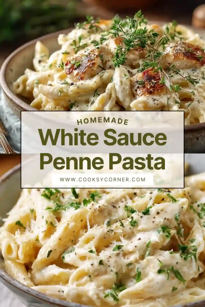 Close-up of White Sauce Penne Pasta coated in a rich, cheesy sauce with visible herbs and seasoning.