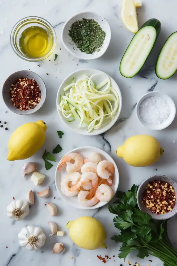 Close-up of zucchini noodles tossed with lemon garlic shrimp and herbs in a skillet. A fresh and healthy seafood pasta alternative.