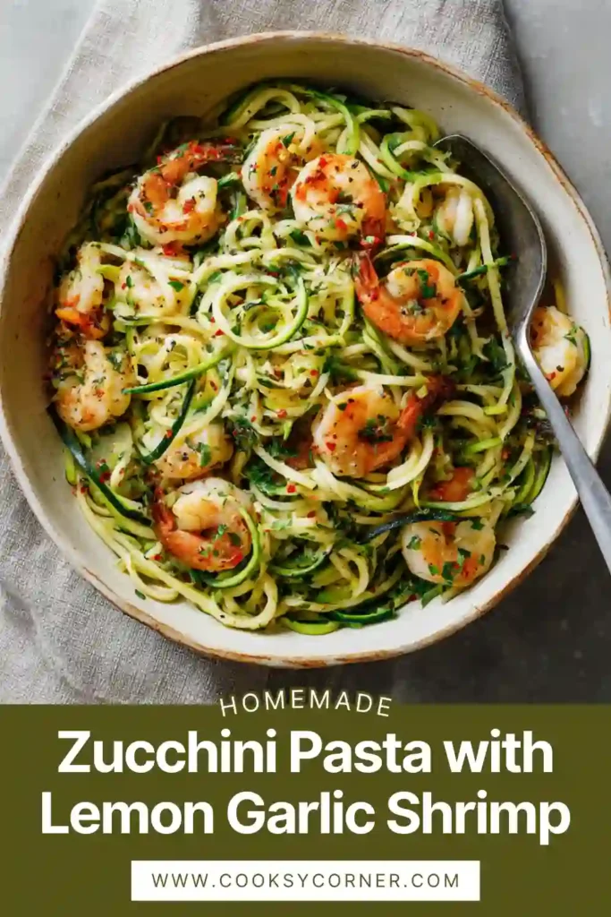 Spiralized zucchini noodles topped with juicy lemon garlic shrimp in a light buttery sauce. This low carb shrimp pasta is colorful and packed with fresh herbs.