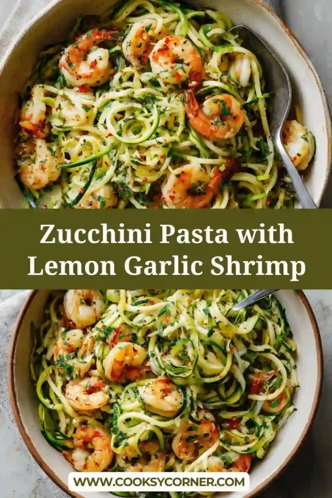 A bowl of zucchini pasta with lemon garlic shrimp served with fresh parsley and lemon zest. The shrimp zoodles recipe looks bright, fresh, and perfect for a healthy dinner.