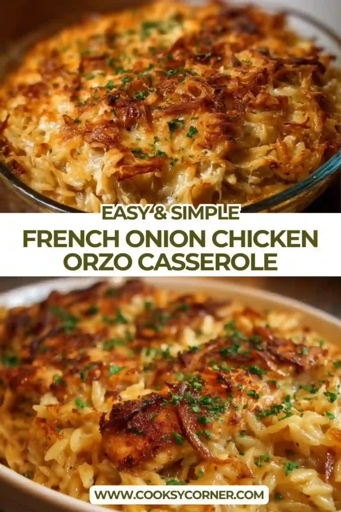 French onion chicken orzo casserole baked with caramelized onions and melted mozzarella cheese in a creamy pasta dish. This comforting chicken casserole is golden, cheesy, and perfect for a hearty family dinner.