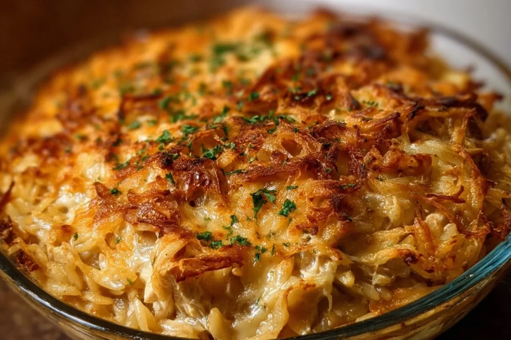 Delicious French onion chicken orzo casserole topped with cheese and herbs