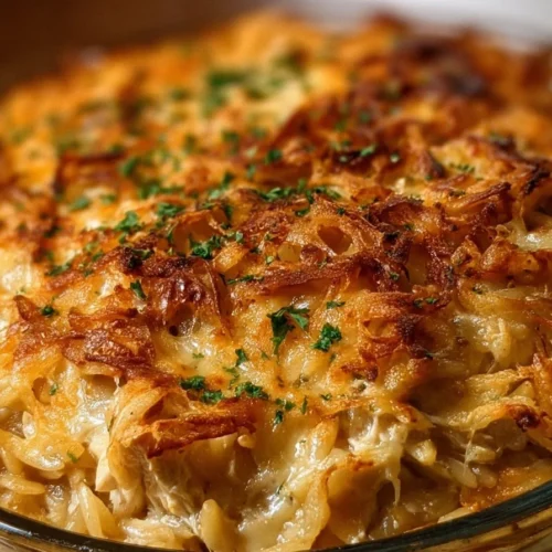 Delicious French onion chicken orzo casserole topped with cheese and herbs