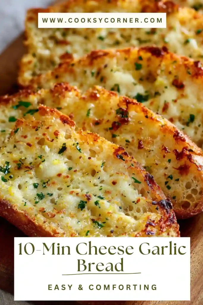Oven-baked cheesy garlic bread with visible garlic bits and chili flakes, served hot and fresh.