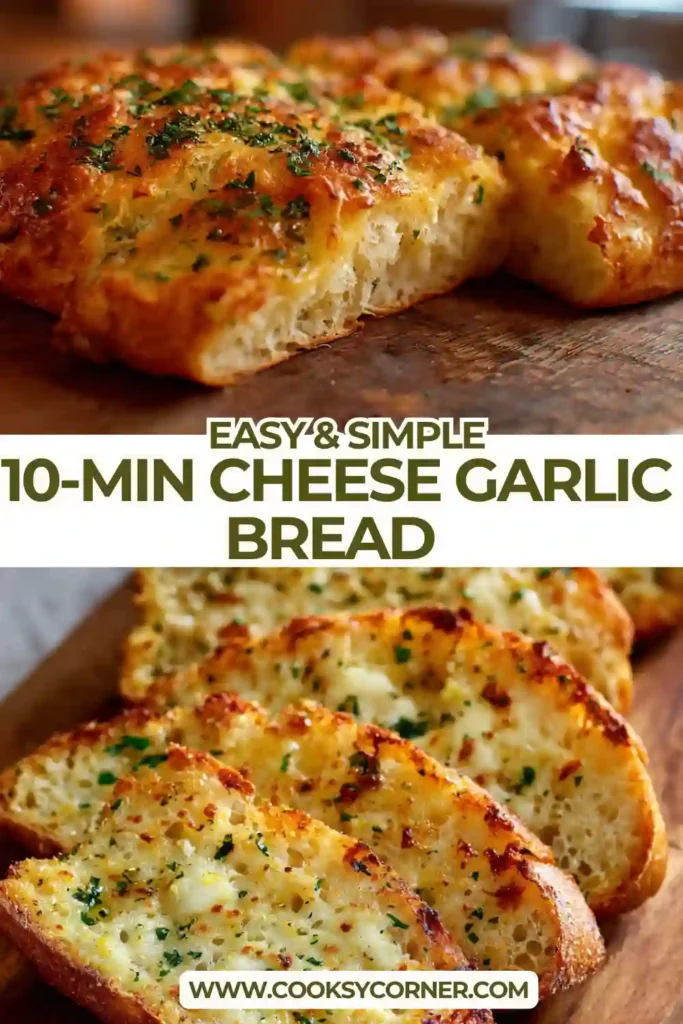 Close-up of homemade garlic bread topped with melted cheese and herbs, showing crispy texture and soft interior.