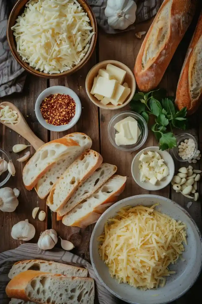 Crunchy baguette slices covered in garlic butter and melted cheddar cheese, perfectly toasted.