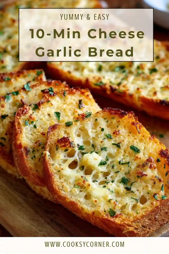 Freshly baked cheese garlic bread slices with melted mozzarella and chili flakes on a crispy baguette. Golden edges and bubbling cheese create a mouthwatering look.