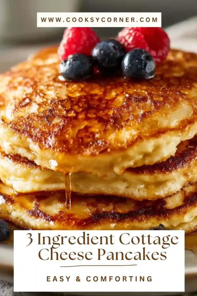Healthy cottage cheese pancakes on a plate with fresh fruit and maple syrup drizzle.