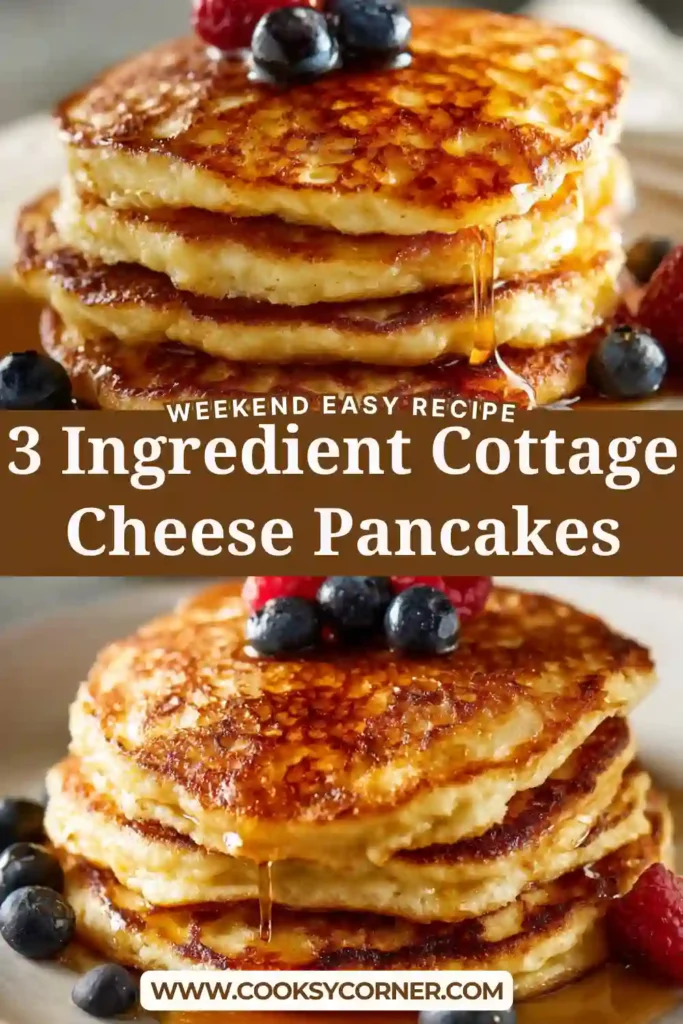 Stack of 3 ingredient cottage cheese pancakes topped with berries and syrup. Soft and fluffy texture visible.