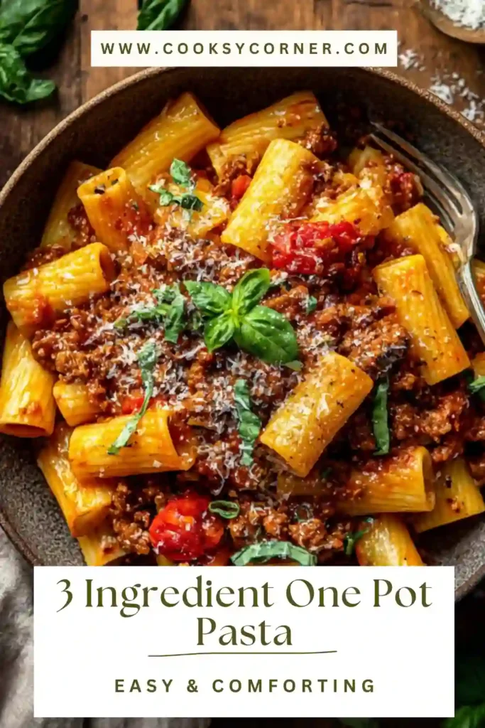 Simple pasta dish cooked in one pot with visible herbs and melted cheese on top.