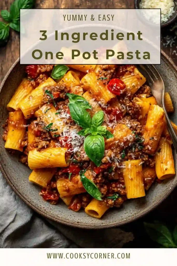 Close-up of easy one pot pasta showing tender noodles coated in tomato sauce and beef.