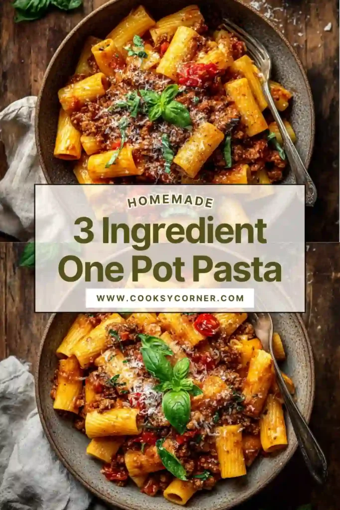 A bowl of 3 ingredient one pot pasta with rich marinara sauce and ground meat, topped with parmesan.