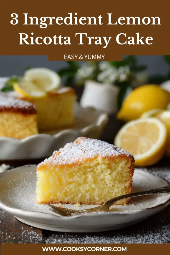 3 ingredient lemon ricotta tray cake with golden top and swirls of lemon curd.