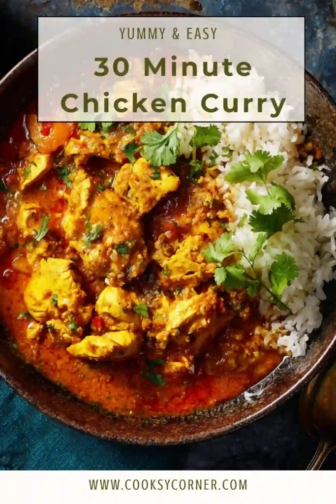 Homemade chicken curry with rich tomato base and spices.
