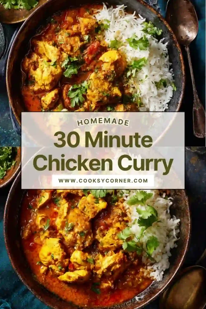 30 minute chicken curry with creamy sauce served over rice.