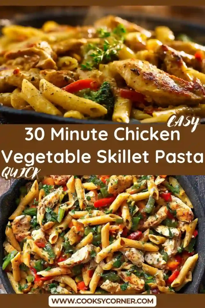 Close-up of chicken vegetable skillet pasta with tender chicken strips and mixed peppers. The pasta appears glossy and well-seasoned.