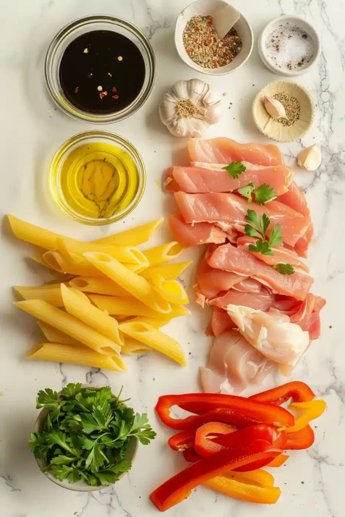 Freshly cooked chicken vegetable pasta served in a bowl with parsley garnish. The dish highlights a healthy and balanced meal.