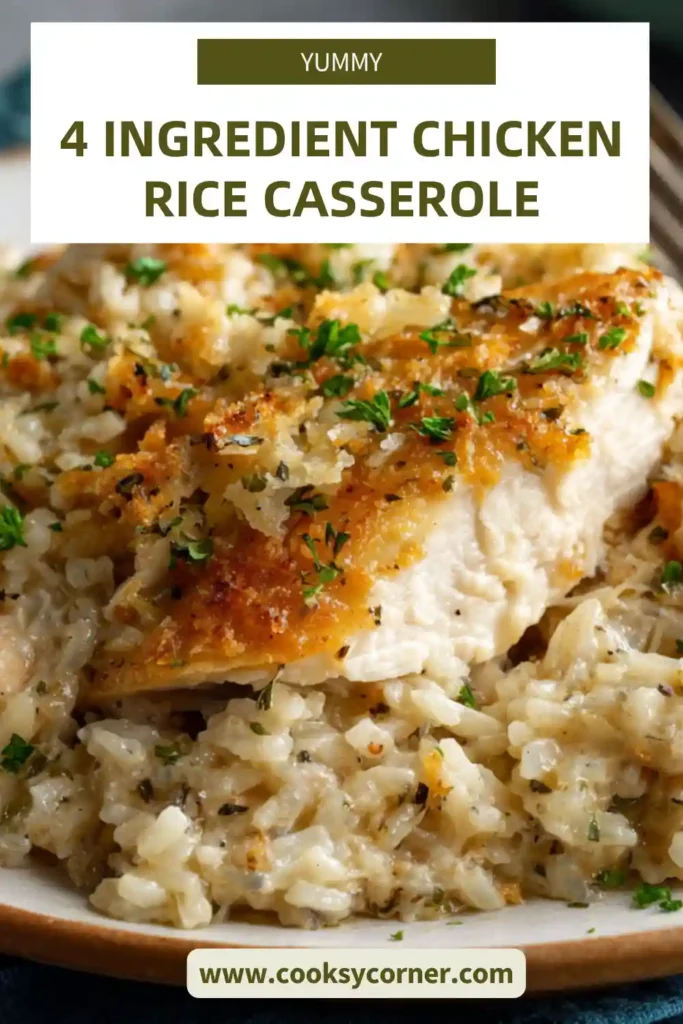 Freshly baked chicken and rice casserole with golden edges and rich sauce.