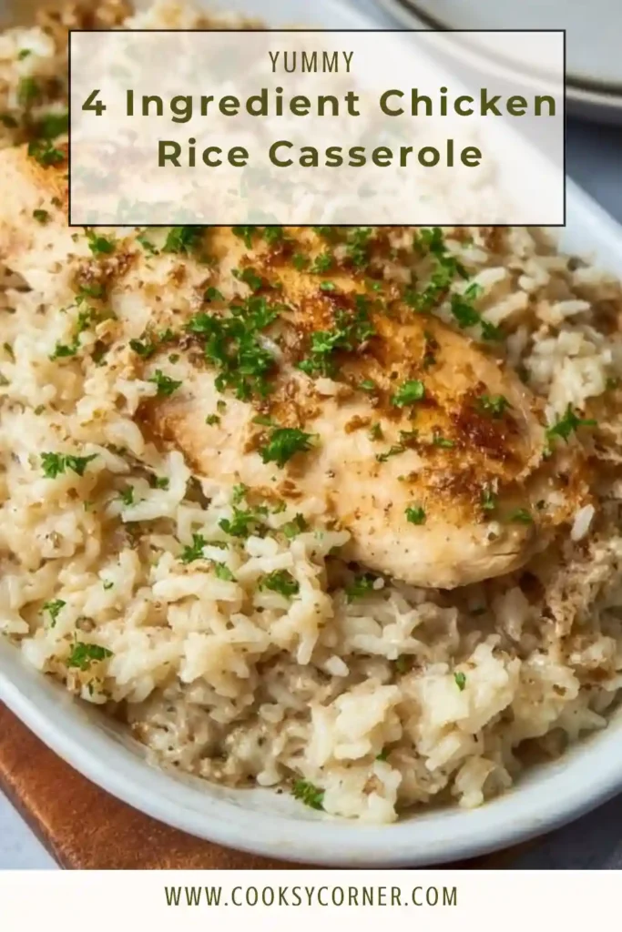 Close-up of creamy chicken rice casserole showing fluffy rice and seasoned chicken.