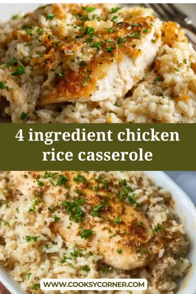 A baked 4 ingredient chicken rice casserole with tender chicken breasts and creamy mushroom rice in a glass dish.