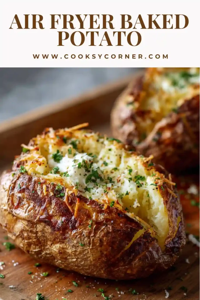 Perfectly cooked baked potato split open with toppings on top.