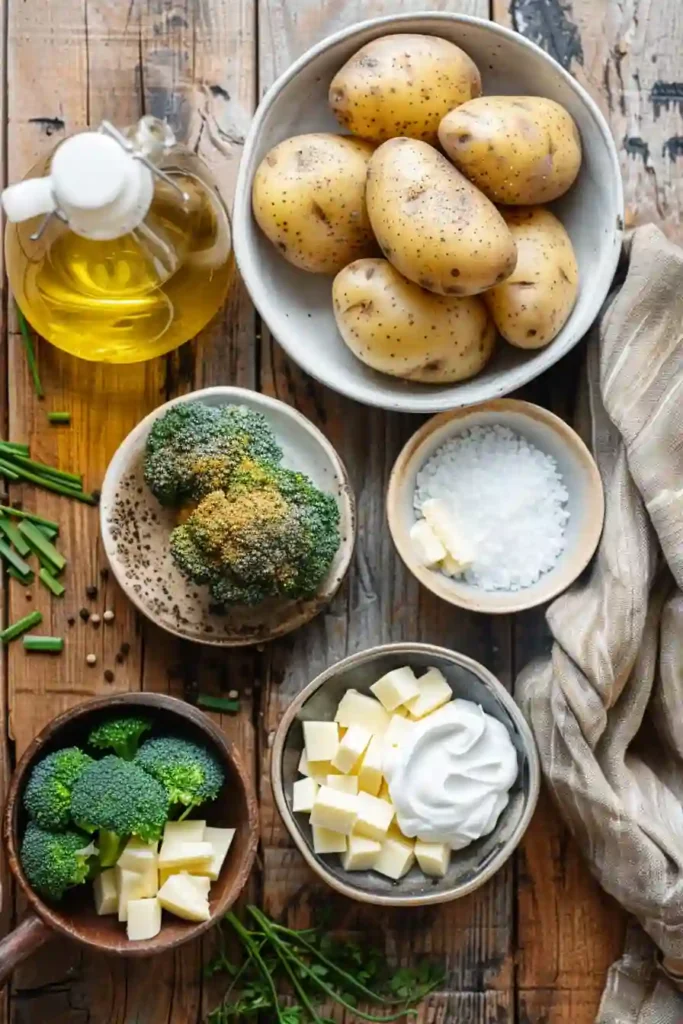 Baked potato served with sour cream and chives.