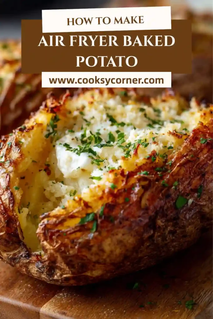 Air fryer baked potato with crispy skin and fluffy inside topped with butter.