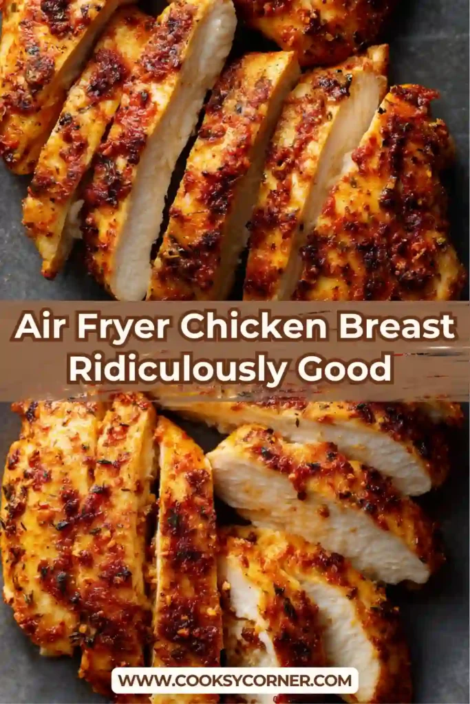 Freshly cooked air fryer chicken breast pieces arranged neatly with visible seasoning and juicy interior.