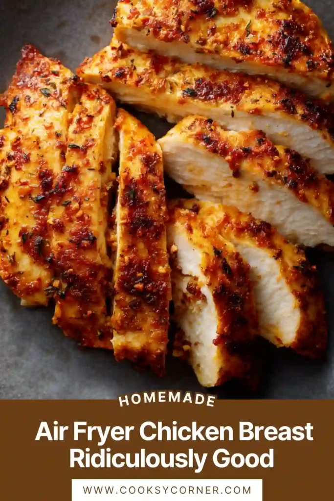 Close-up of air fryer chicken breast showing crispy edges and moist texture, seasoned with paprika and spices.