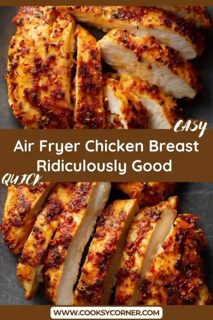 Juicy air fryer chicken breast sliced on a cutting board with a golden seasoned crust and tender interior. Perfect quick dinner recipe.