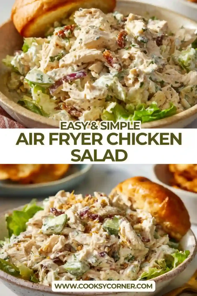 Close-up of creamy air fryer chicken salad with finely chopped chicken, crisp celery, and smooth dressing in a serving bowl.