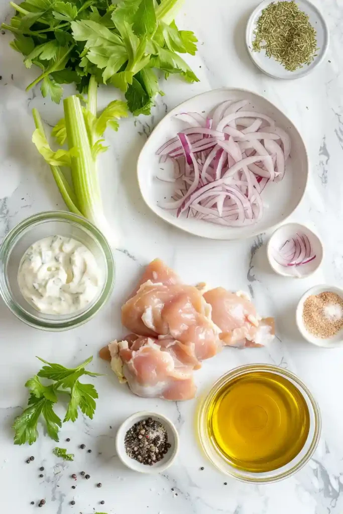 Air fryer chicken salad served in a bowl with visible celery and onion, highlighting a healthy and easy chicken salad recipe.