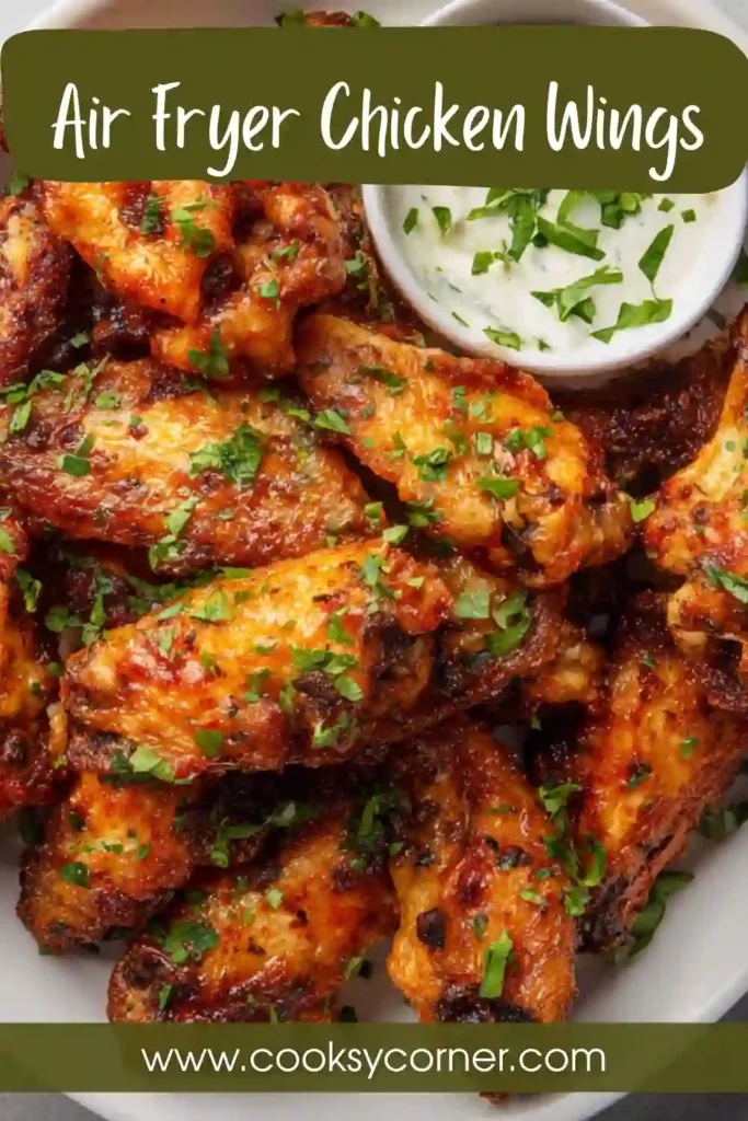 Air fryer chicken wings arranged in a basket with visible crispy texture and spices.