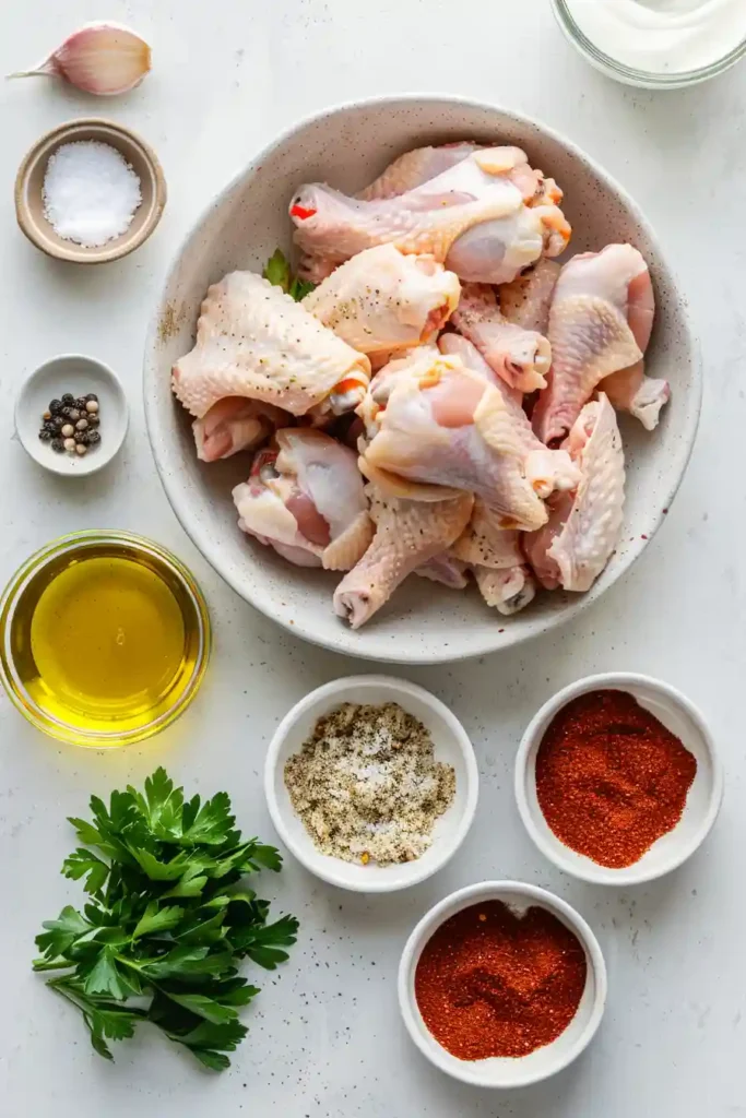 Plate of golden chicken wings with ranch dressing on the side. Fresh and flavorful meal.