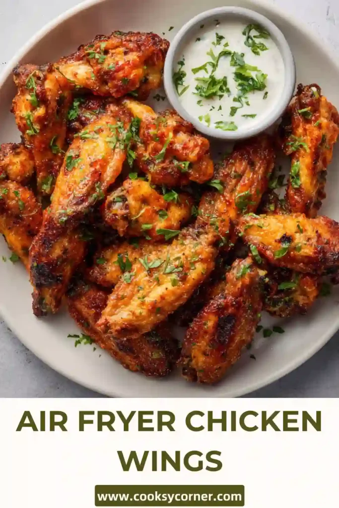 Close-up of homemade chicken wings with crispy skin and seasoning. Served with dipping sauce.