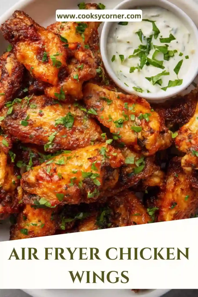 Crispy air fryer chicken wings garnished with parsley on a serving plate. Golden brown and perfectly cooked.