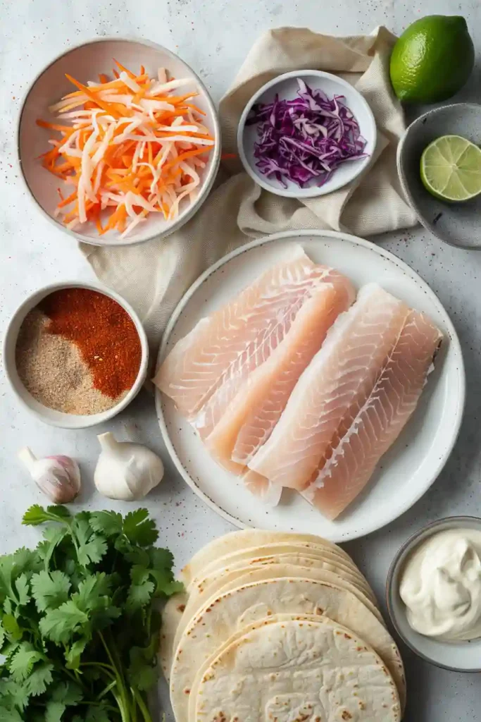 Plate of tacos filled with seasoned fish and cabbage slaw. Bright and appetizing presentation.