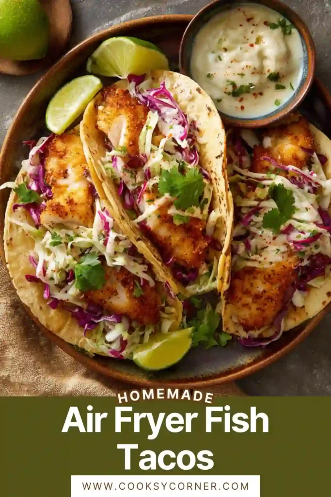 Air fryer fish tacos with cilantro lime slaw in soft tortillas. Fresh and colorful meal.