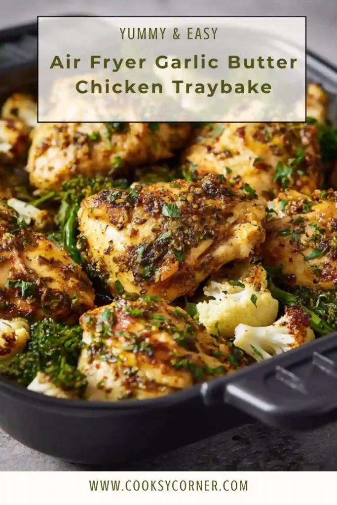 Chicken and broccoli coated in garlic butter cooked in air fryer.