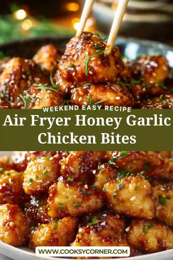 Close-up of crunchy chicken bites tossed in honey garlic glaze, showing crispy texture and rich color.