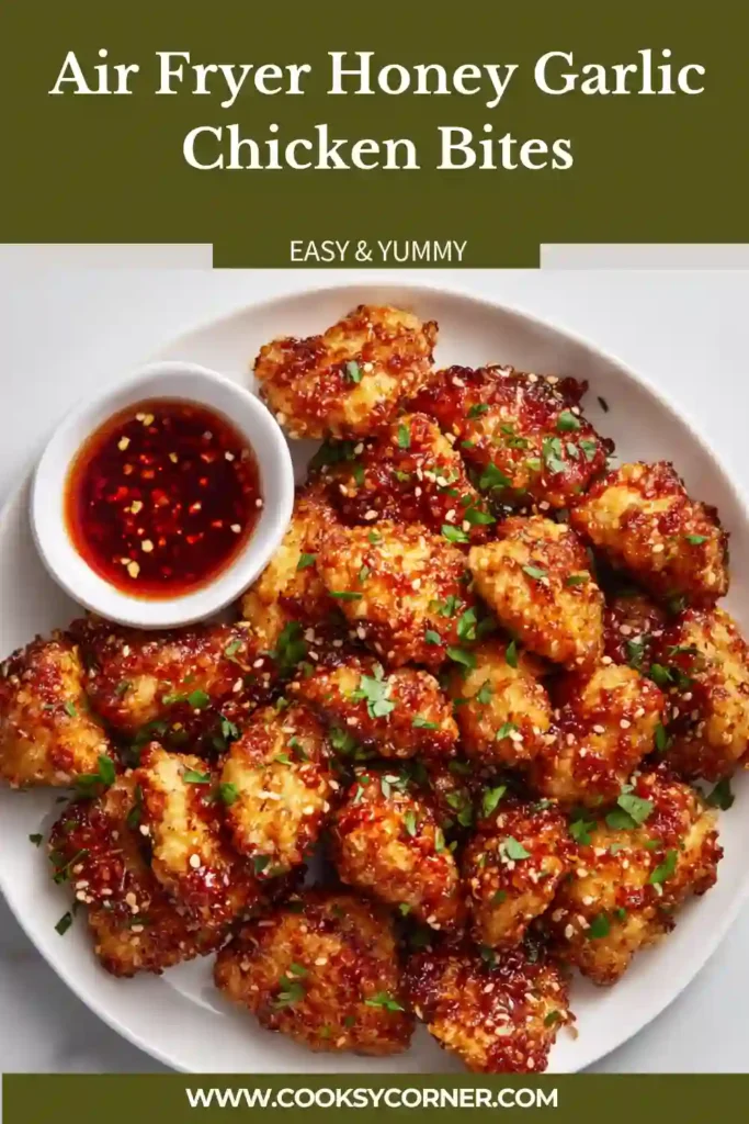 Crispy air fryer honey garlic chicken bites coated in a glossy sweet garlic sauce, served fresh and golden brown.